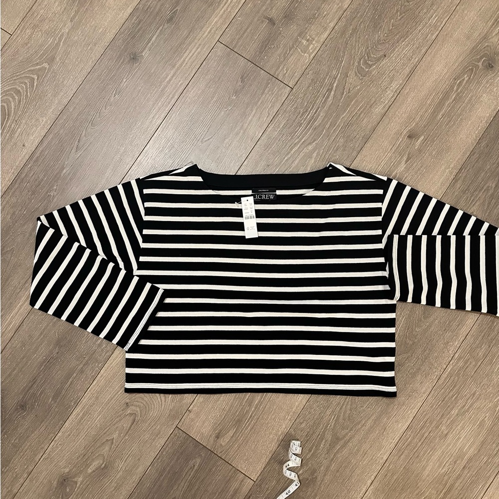 NWT J. Crew Cropped Boatneck in Mariner Cloth Black and White Stripe Medium - Picture 3 of 9